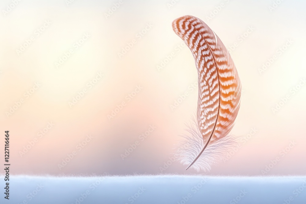 Poster single delicate feather with intricate patterns on blurred neutral background