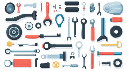 Car service and auto repair store badges with vector spare parts. Wheel tire, vehicle engine and motor oil, wrench, spanner and spark plugs, piston, exhaust and speedometer, brakes and alarm keys