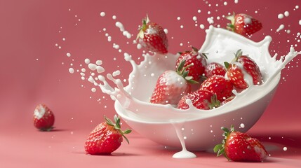 Strawberry on a splash of milk in a bowl