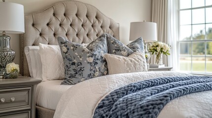 Serene bedroom, plush bedding, window view, spring flowers, home decor