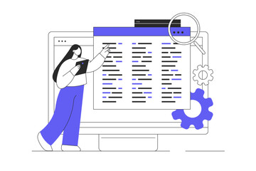 Backend development coding and programming. Web developer creating program code on monitor screen. Flat Cartoon Vector Illustration, icon. Stylish abstract 