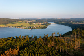 Bleiloch Dam in Thuringia, Germany in summer from the air with SUP