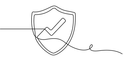 Shield icon with checkmark continuous one line drawing, Shield with check protect, one line continuous. Success, guarantee, safe sign. Vector outline, Shield Protection Continuous Line Icon, Warranty.