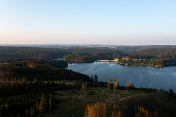 Bleiloch Dam in Thuringia, Germany in summer from the air with SUP