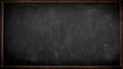 Dark black textured chalkboard with white chalk stains in the aged wooden frame. Grunge blackboard texture wallpaper design. Dirty black board wall background.	