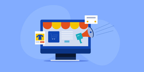 Ecommerce shopping store promotion with social media advertising campaign. Business vector illustration concept.
