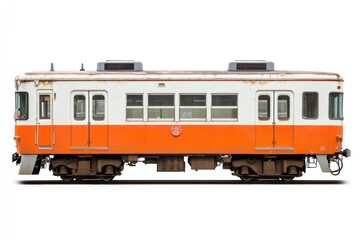 Rusty orange train, side view, white background, transportation