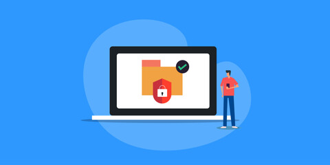 Secure folder or file, access permission control. Data safety and protection concept with people character, vector illustration.