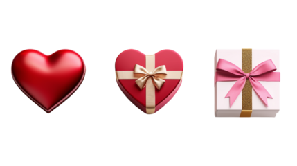 heart shaped box with ribbon valentine's collection items set. on transparent background