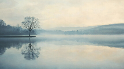 Fototapeta premium Serene lakeside landscape at dawn with mist over water, silhouetted tree, and distant mountains