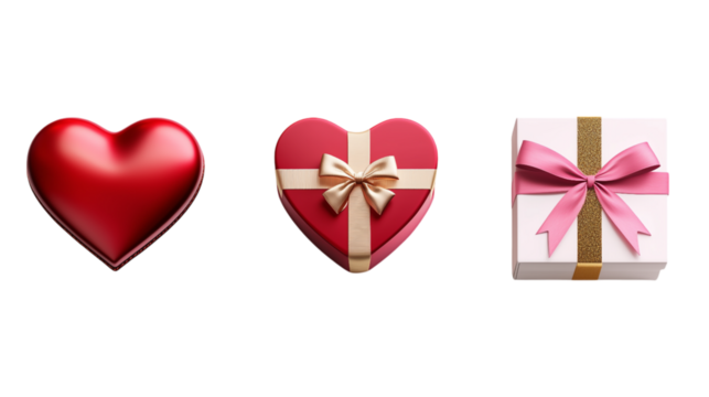 heart shaped box with ribbon valentine's collection items set. on transparent background