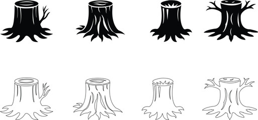Tree stump icon set.High quality black style icon,lumber industry material silhouette,cut trees structure textured.Tree Stump illustration sign collection. Wood symbol or logo,vector illustration.