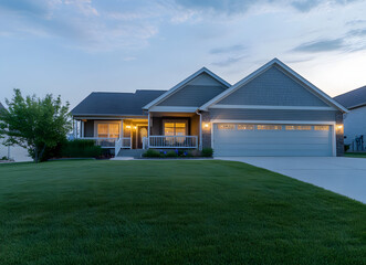 Obraz premium A beautiful home exterior with a large front yard and a garage at dusk
