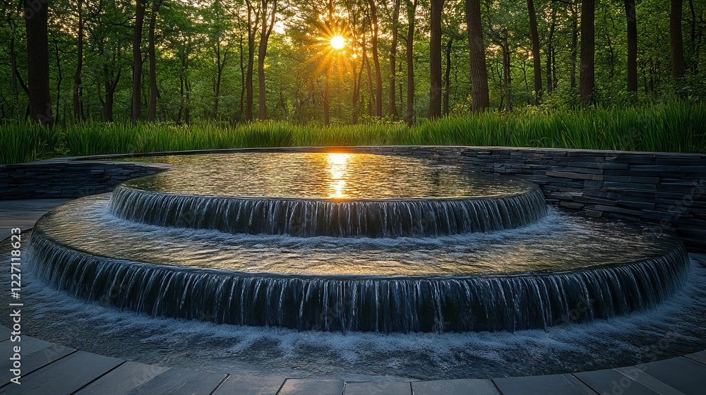 Aufkleber golden hour cascading fountain in a serene forest with sunlight shining through trees creating a tra