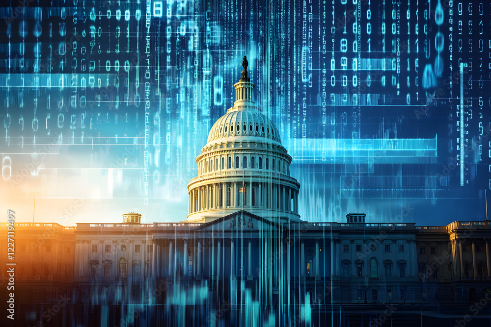 Poster a digital representation of the u.s. capitol building blends with binary code and data graphics, sym
