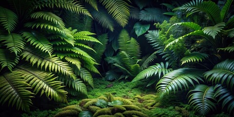 Dark Forest Floor With Exotic Leafy Ferns And Moss, tropical plants, dark forest,  tropical plants