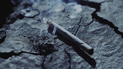 Smoking Cigarette on Dark Cracked Surface with Smoke Swirls