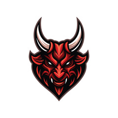 Render a fierce, red and black horned demon bull head, embodying rage and power.  Focus on detailed horns and menacing expression.
