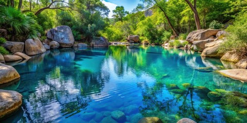 Fototapeta premium Serene blue pool water reflection on a still surface with surrounding greenery and rocks, serenity
