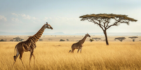 Obraz premium majestic giraffes wandering through the golden savannah under a bright sky, surrounded by iconic acacia trees in their natural habitat