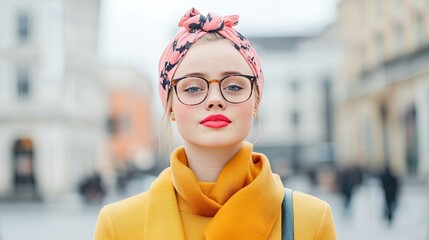 young woman with down syndrome wearing fashionable outfit posing confidently in city square