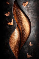 Fototapeta premium Shimmering bronze and dark curves. Autumn leaves add a touch of nature.