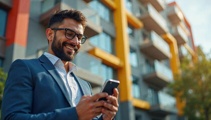Attractive Latin businessman text messaging through mobile phone against colored, business building background