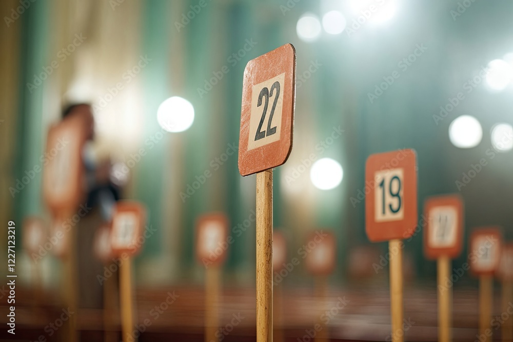 Poster auction house setting with row of numbered paddles being raised simultaneously showing intense compe