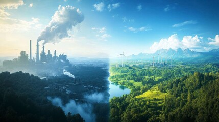 Fototapeta premium Split Scene Showing Pollution on One Side and Clean Nature on the Other Side with Factories and Wind Turbines
