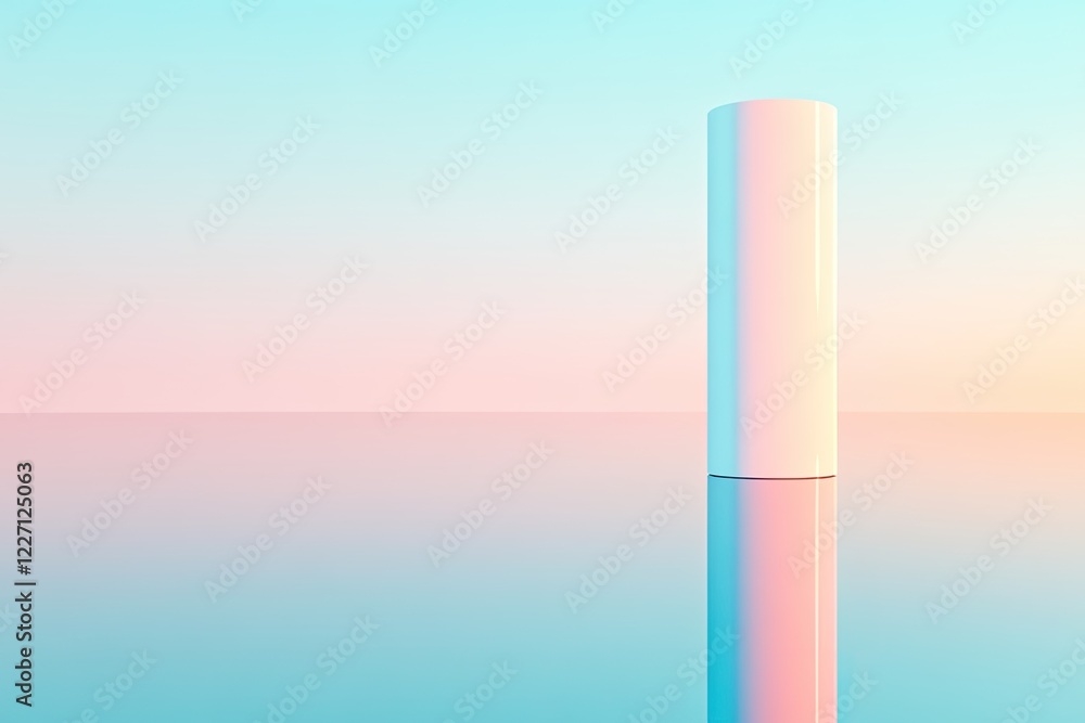 Poster 3d-rendered minimalistic column rising from smooth reflective surface emanating soft glow clean geom