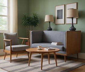 A modern living room with an armchair set and photo frames is displayed on the wall 3d illustration rendering image.