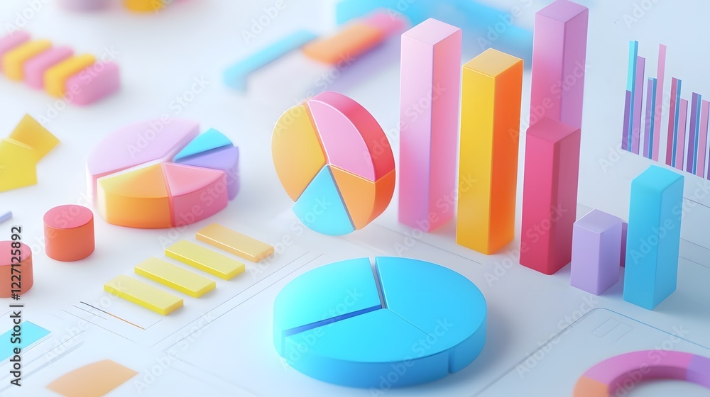 Poster Conceptual visualization of data analytics with vibrant pastel 3D pie charts and bar graphs