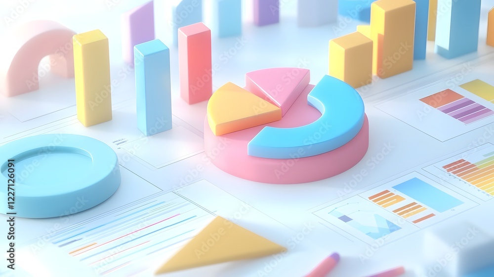 Aufkleber Vibrant pastel colored 3D pie charts and bar graphs arranged in a dynamic and modern data visualization composition