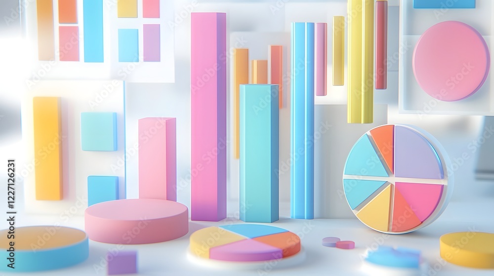 Poster Sleek and contemporary futuristic 3D data visualization with floating pastel hued bar graphs pie charts
