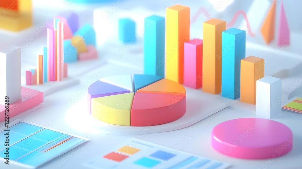 Poster Elegant and minimalist abstract representation of statistical data featuring vibrant 3D pie charts and bar graphs in soft pastel shades
