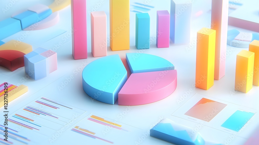 Poster An abstract data visualization with a clean minimalist aesthetic featuring 3D pie charts and bar graphs in soft pastel shades