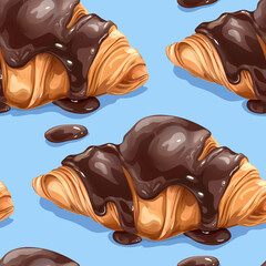 Chocolate-covered croissant pattern on pastel blue background