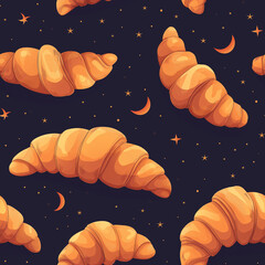 Seamless night sky croissant pattern with crescent moons and stars