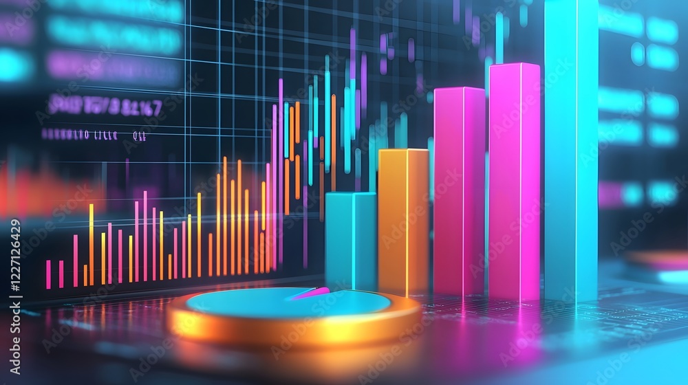 Aufkleber Pastel Toned 3D Infographic Scene Showcasing Floating Pie Charts Bar Graphs and Other Data Visualization Elements Casting Soft Gradient Shadows on a Bright White Background