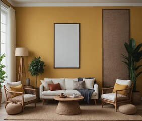 A modern Scandinavian-inspired living room with a sofa set and multiple photo frames is displayed on the wall 3d illustration.