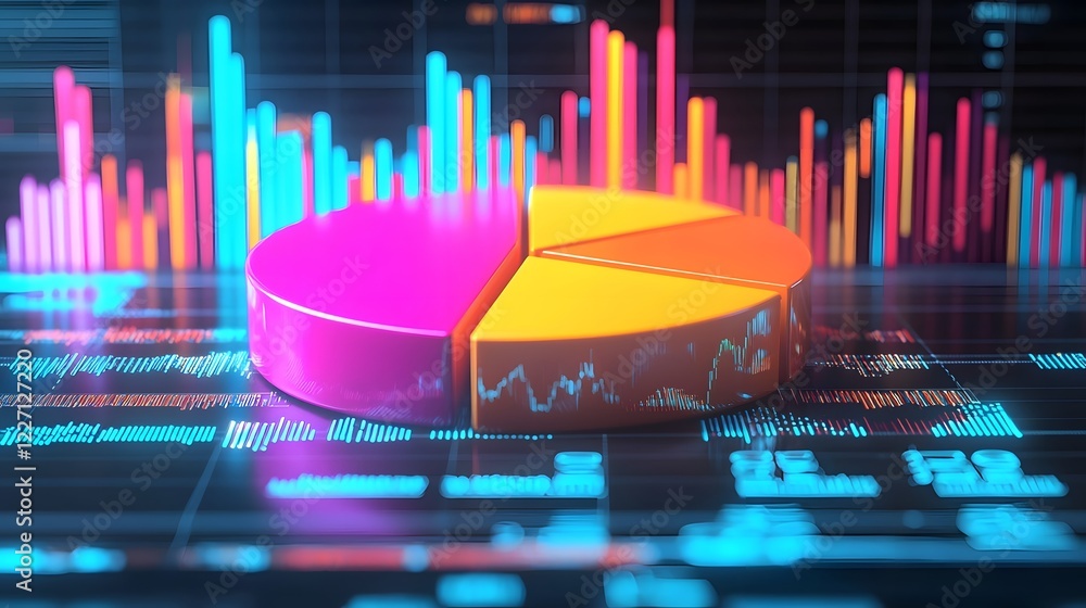Fototapete A visually striking 3D render of a colorful pie chart placed on a sophisticated financial dashboard filled with various data visualization elements such as bar graphs trend lines