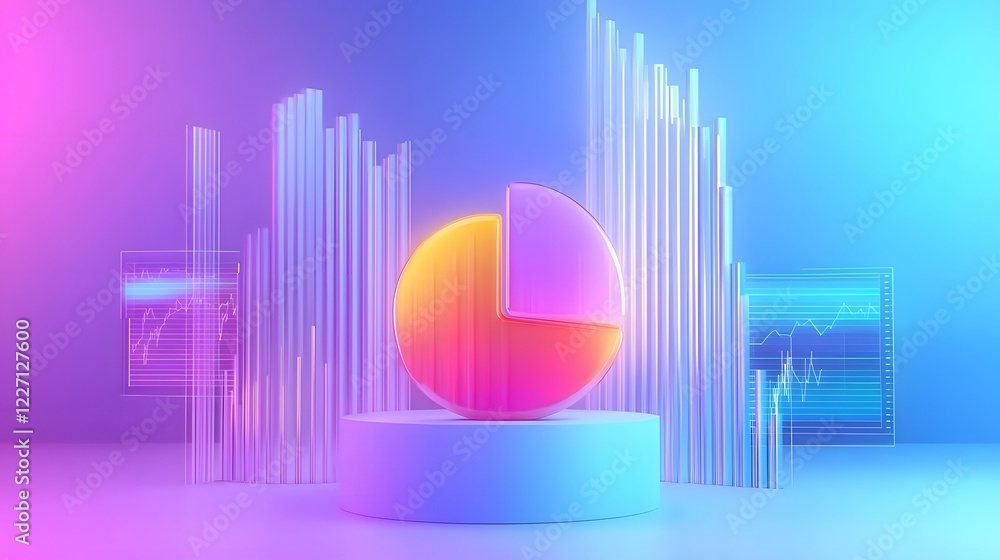Poster Meticulously detailed 3D pie chart surrounded by floating financial market trends and professional graphs illuminated by soft ambient lighting in an advanced data visualization concept