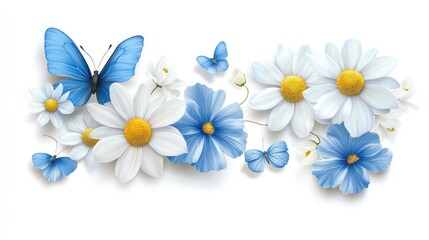Obraz premium Blue Butterflies and White Daisies Floral Arrangement