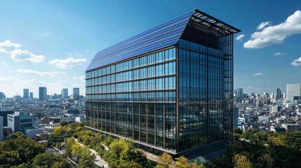 Fototapeta premium Modern office building with solar panels on the roof against a clear blue sky and city skyline in the background
