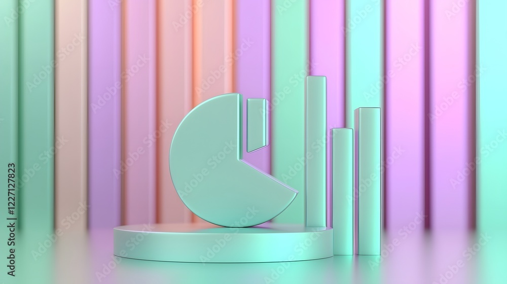 Poster A conceptual 3D data analysis design showcasing a pie chart with smooth edges and reflections placed in a modern financial setting with detailed business metrics and performance graphs