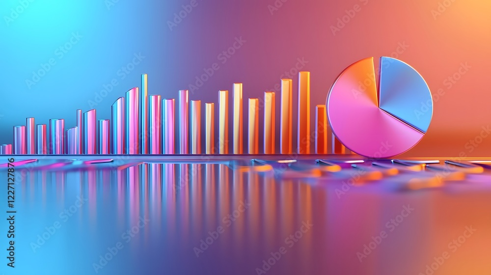 Poster Conceptual 3D data analysis design showcasing a pie chart with smooth edges and reflections placed in a modern financial setting with detailed business metrics and performance graphs