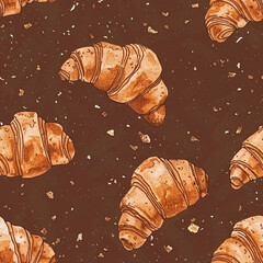 Vintage-style croissant pattern with crumbs on dark brown background