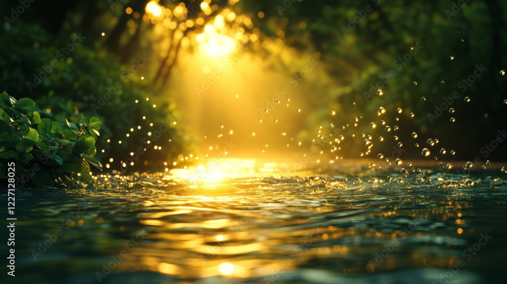 Poster golden sunlight filtering through lush trees illuminating a sparkling stream with droplets suspended