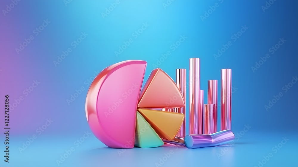 Fototapete A sophisticated 3D infographic featuring a polished pie chart with segmented colors surrounded by detailed financial market indicators and business growth metrics