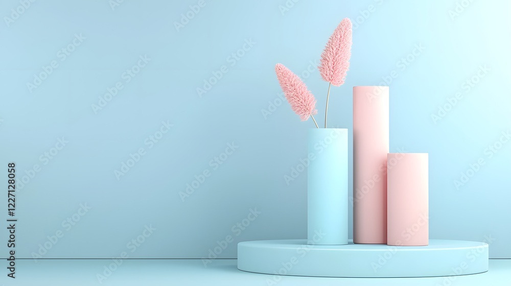 Poster Minimalistic 3D bar graph with smooth cylinder elements and simple geometric shapes arranged on a clean blue background with soft shadows for a modern and elegant data visualization design